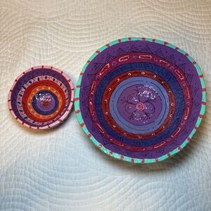 Paper Mache Art Bowls From Eswatini Africa Hand Painted Bright Colorful, Signed